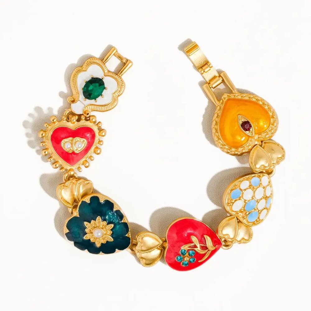 Matte 18K Gold-Plated Baroque Heart Multi-Color Bracelet
